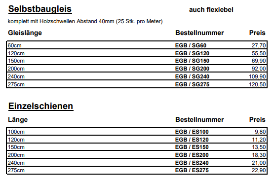 Preisliste-Schienen