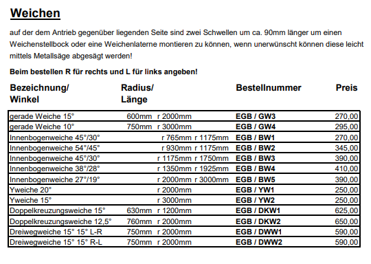 Preisliste Weichen 1