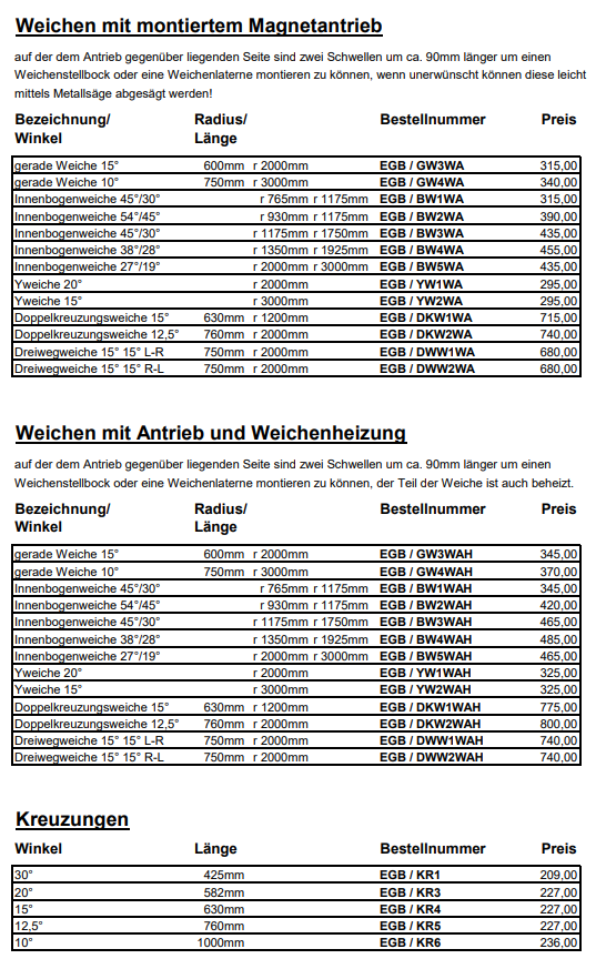 Preisliste Weichen 2